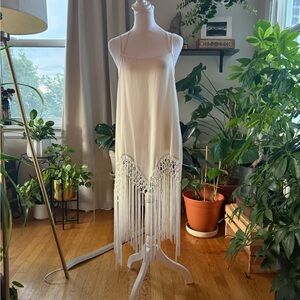 Leith Ivory White Fringe Sheer Midi Dress XS